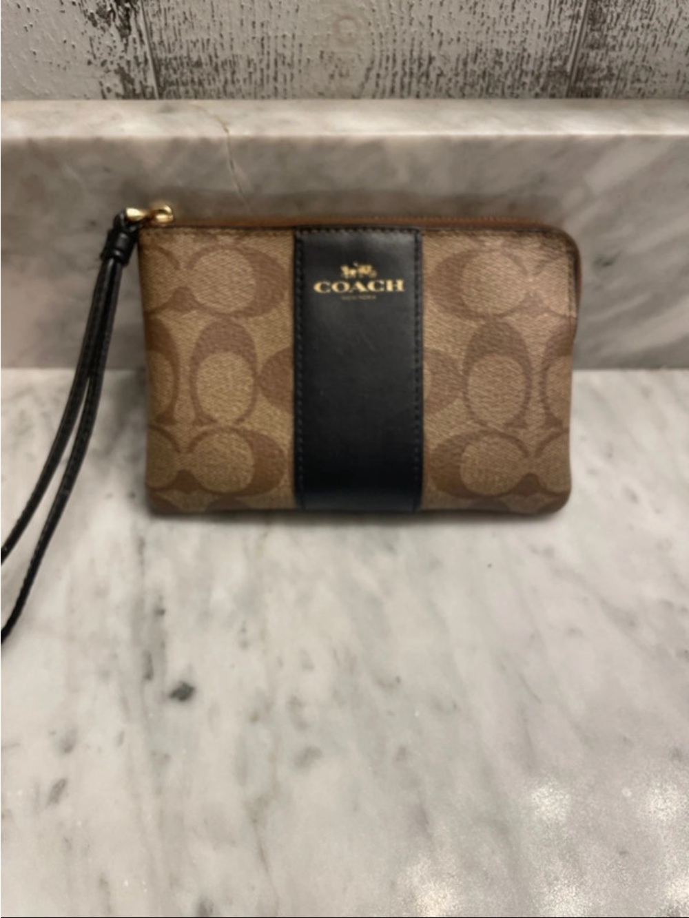 Coach Brown Signature Canvas Wristlet with Black Center Panel